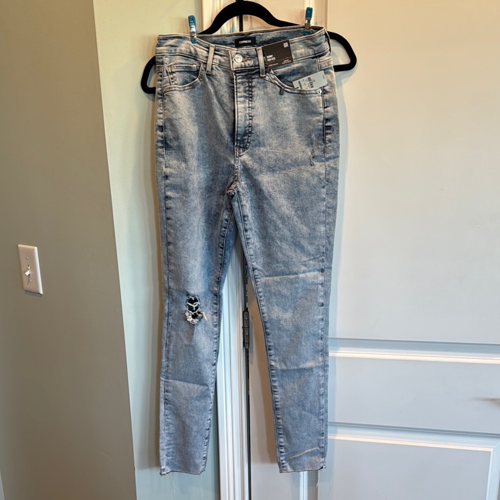 Express Blue Skinny Jeans with Distressed Details